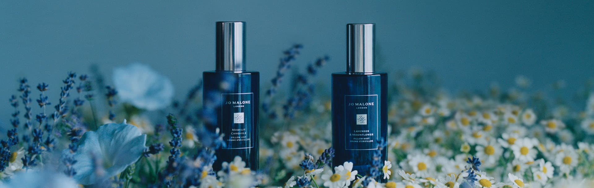 image of two night collection pillow mists surrounded by chamomile flowers